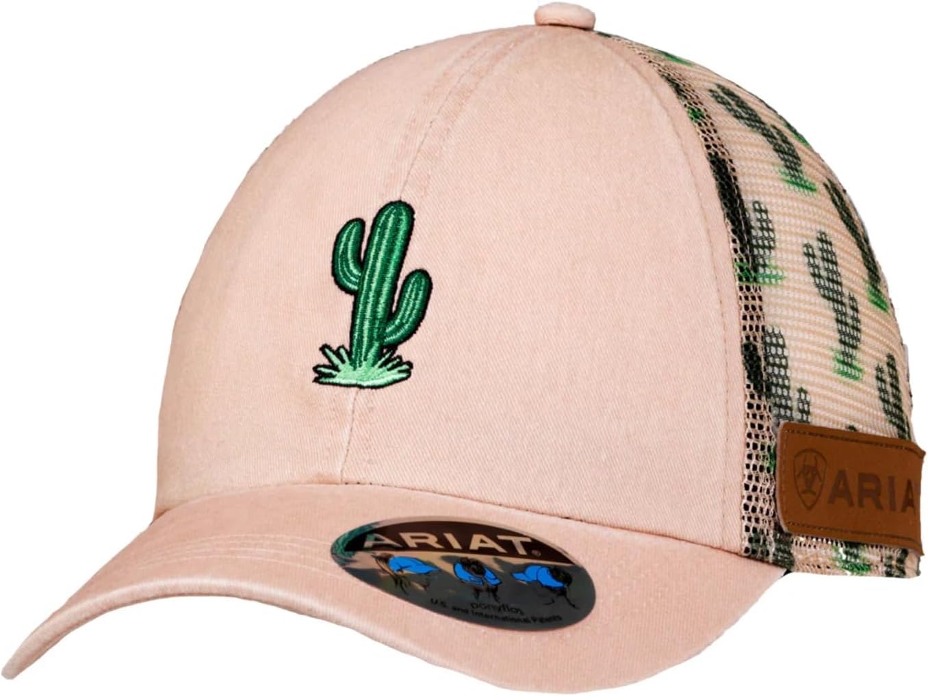 ARIAT Youth Girls Embroidered Cactus Print Mesh Ponytail Cap, Pink, One Size