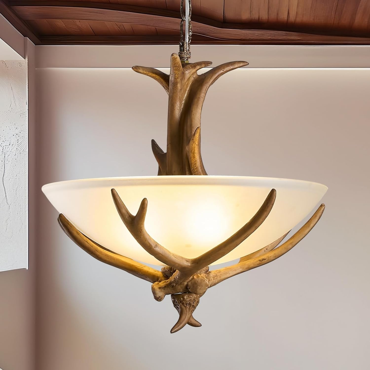 Lustre rustique bois de cerf à 3 lumières avec abat-jour en verre pour îlot de cuisine