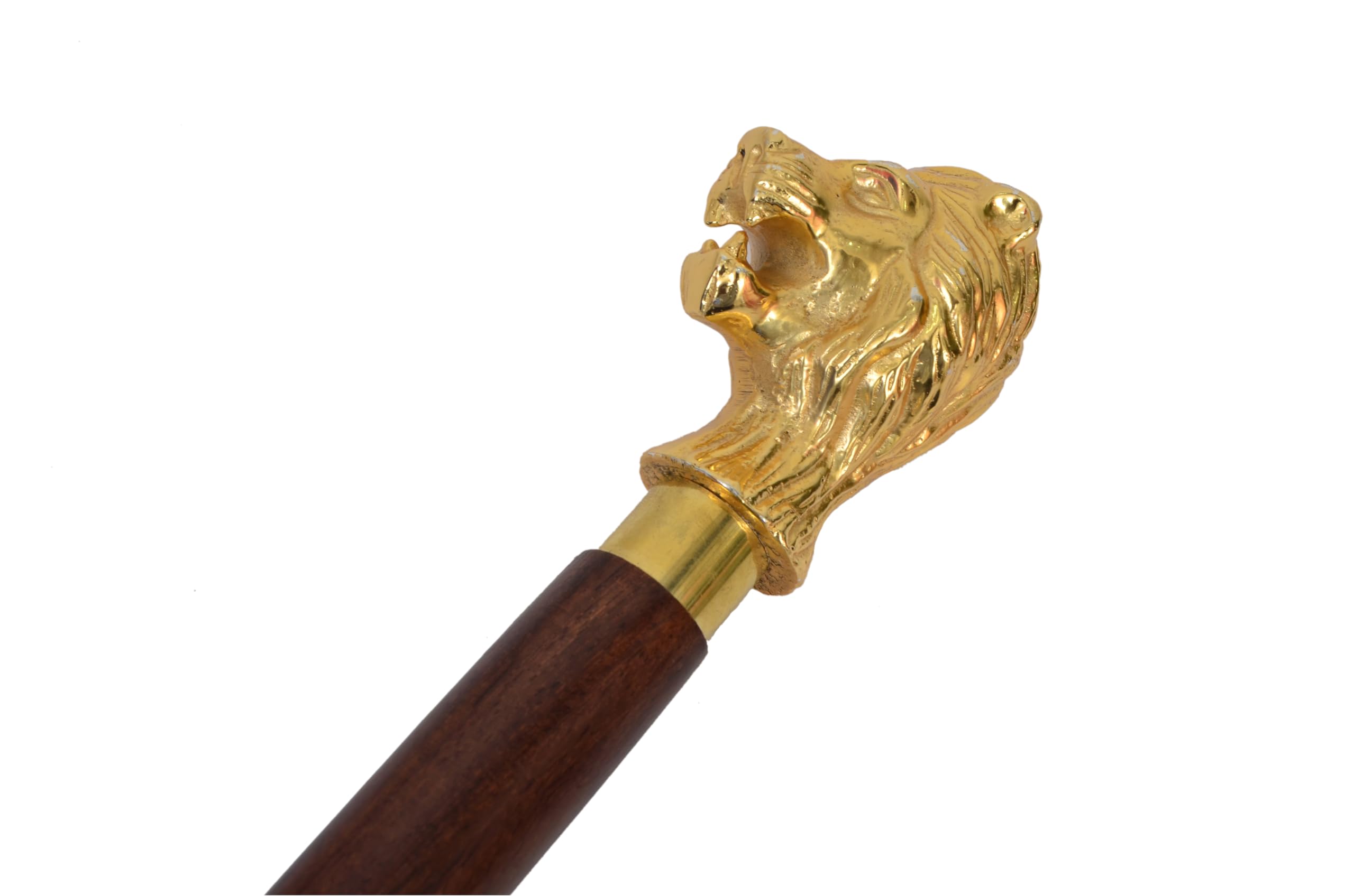 amayera nautical Golden Finish Lion Head Walking Stick – 36-Inch Walking Cane Beautiful Brass Handle Cane with Brown Aluminum Shaft for Men and Women