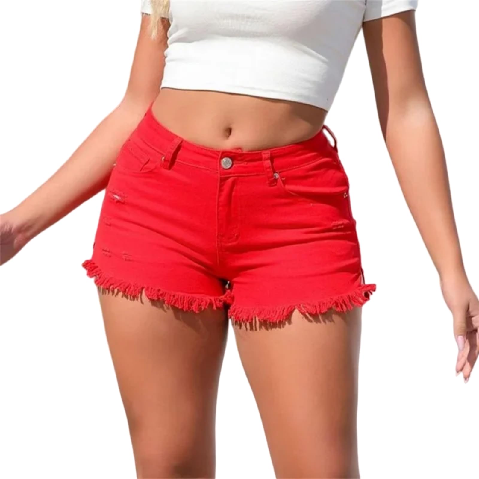 Short en jean femmes distressed frayed en coton robuste rouge taille mi-haute s
