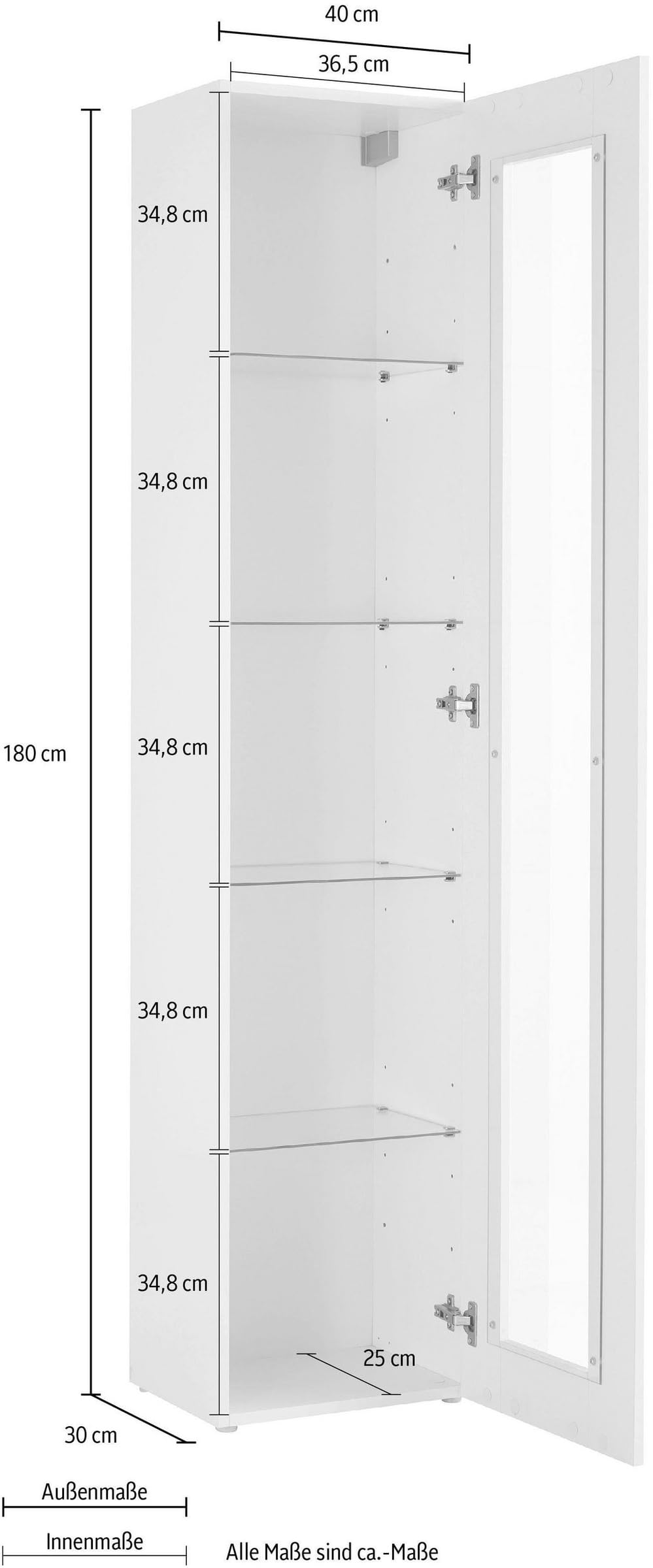 möbelando Vitrine >Benevent< Moderne Vitrine, aus melaminharzbeschichteter Spanplatte, in Weiß Hochglanz, mit 1 Glastür, 4 Glaseinlegeböden - 40x180x30cm (BxHxT), Made in Italy