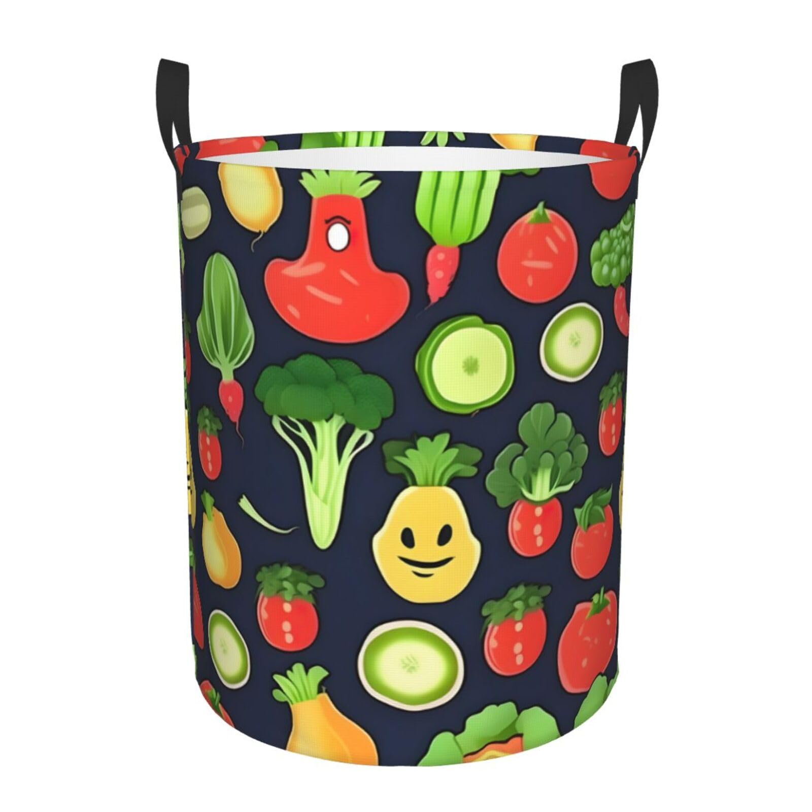 S Collapsible Laundry Hamper Round Cartoon Vegetable Fruit Print Storage
