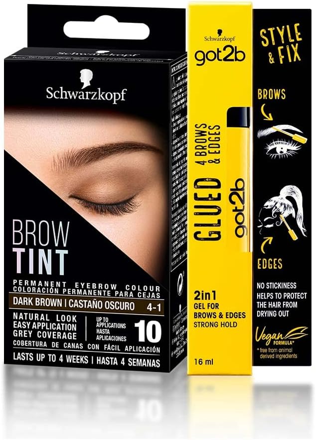 Schwarzkopf Dark Brown Brow Tint, got2b Glued Brows & Edges 2 in 1 gel