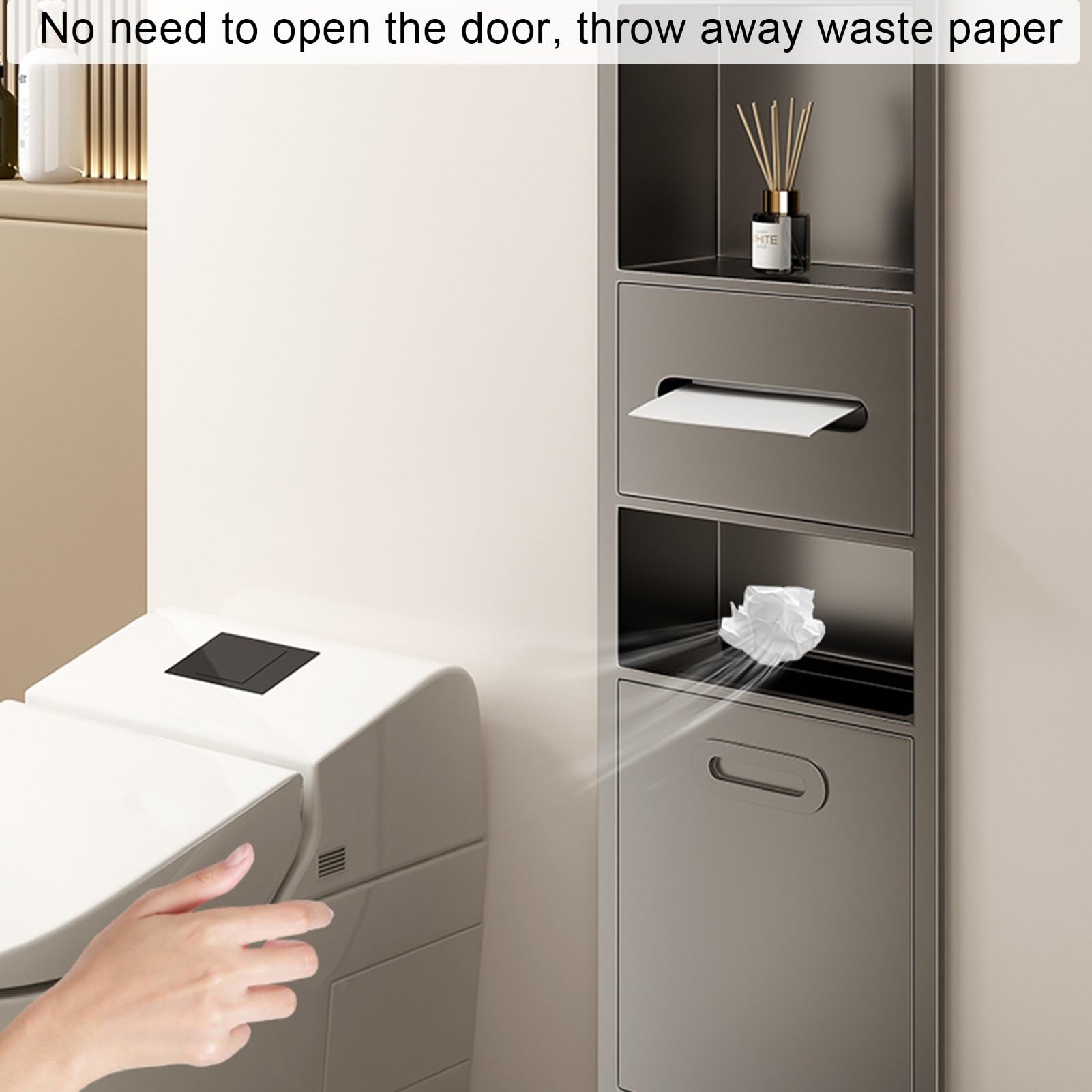 HJLKDYM Toilet Paper Holder Recessed, in Trash Can Rack, 304 Stainless Steel Tissue Paper Holder for Living Room Kitchen Bathroom(Beige,67x30x14cm)