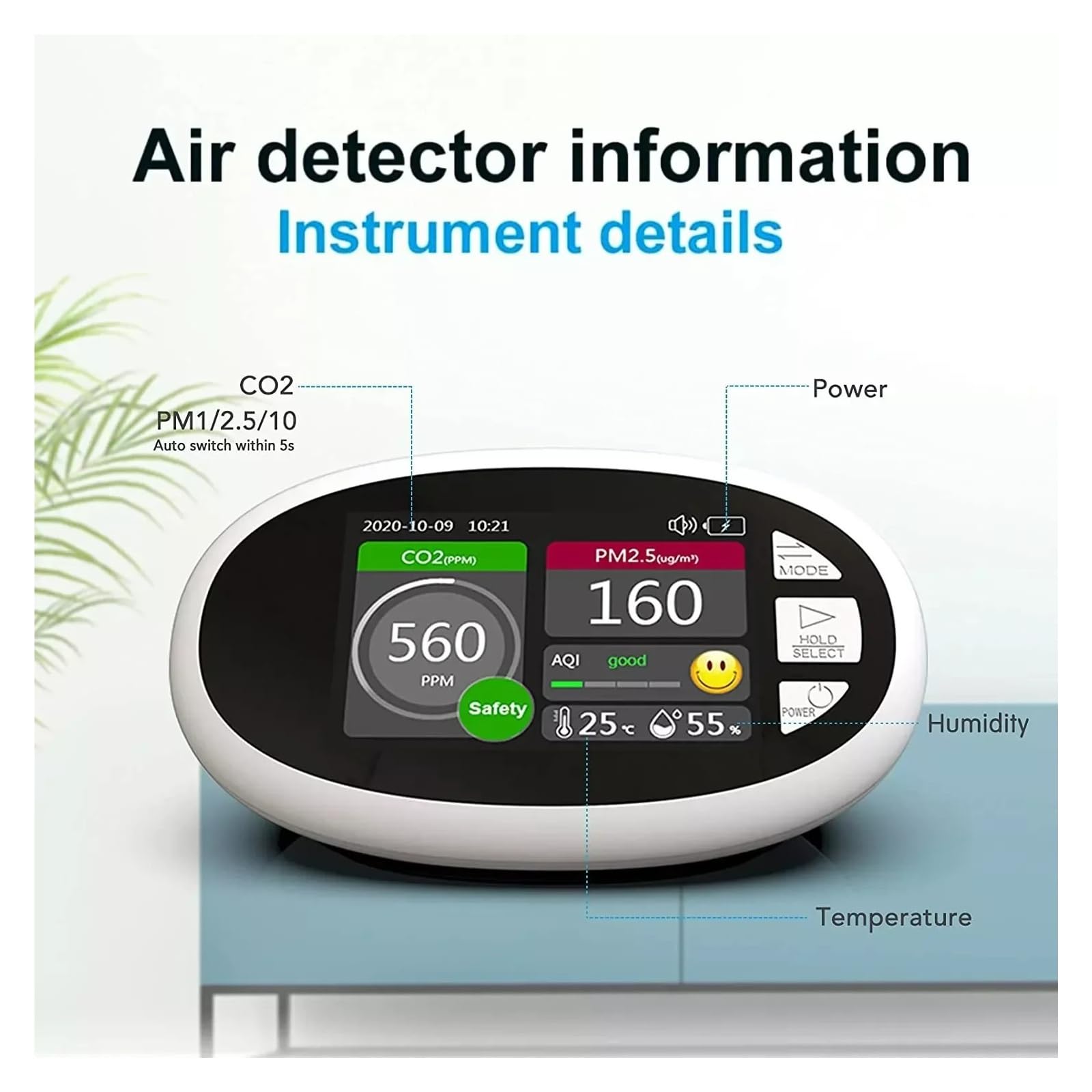 Monitor della qualità dell'aria con display LCD, rilevatore di CO2, temperatura e umidità con allarmi visivi e acustici for lavoro e casa Interno/esterno