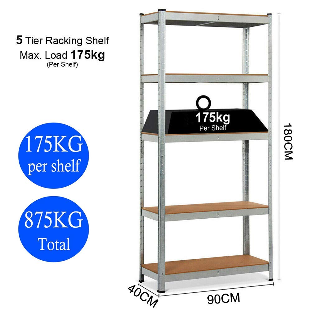 Estantería de metal resistente de 5 niveles, estante de almacenamiento ajustable, 180 x 90 x 40 cm, carga máxima de 875 kg (175 kg/nivel), perfecto para garaje, sótano, cocina, acabado galvanizado