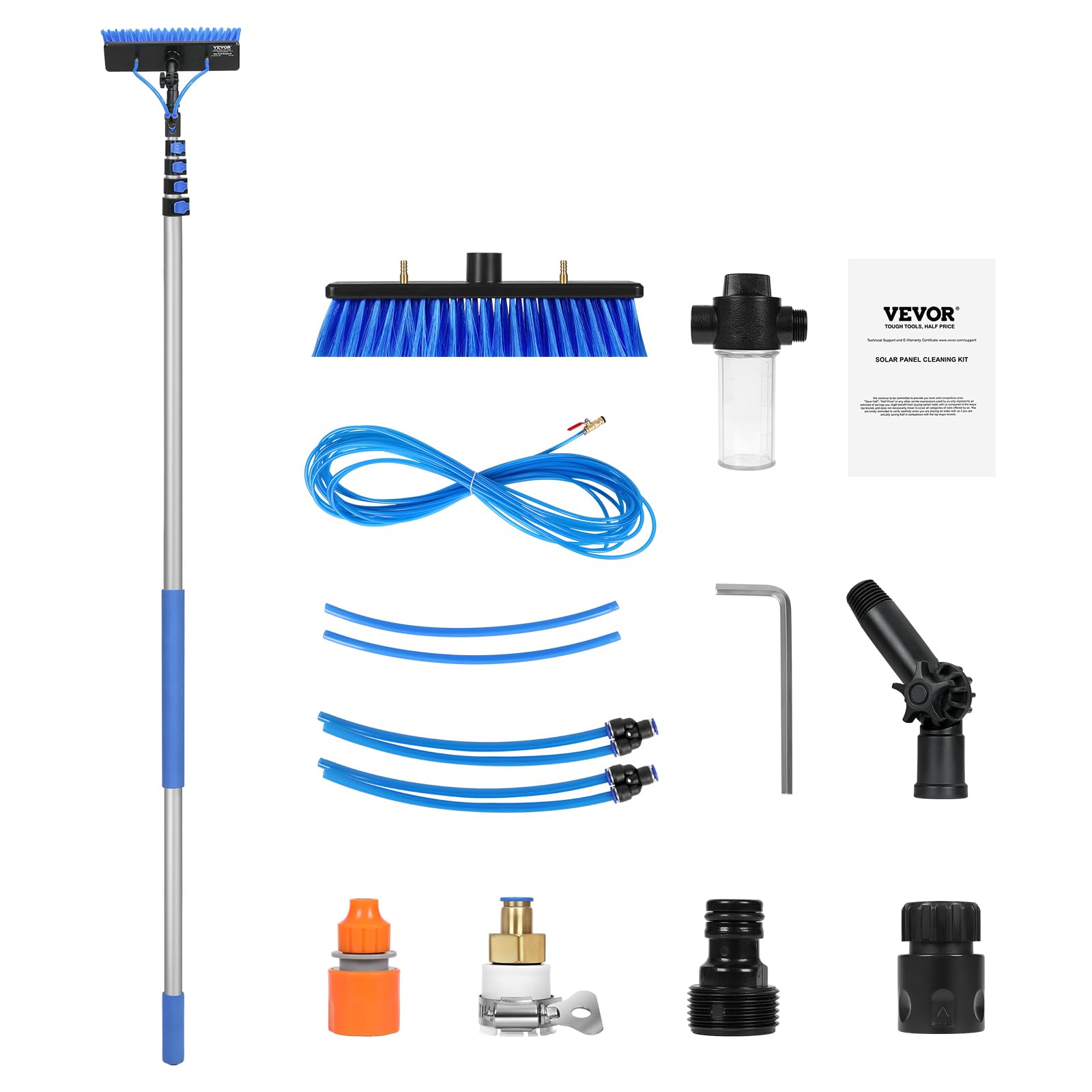 VEVOR Kit Palo Alimentato ad Acqua, Palo per Pulizia dei Pannelli Solari 9 m con Manico Estensibile, Testina della Spazzola Girevole a 180° Tubo Flessibile 20 m, per Ponte Pannello Solare Roulotte