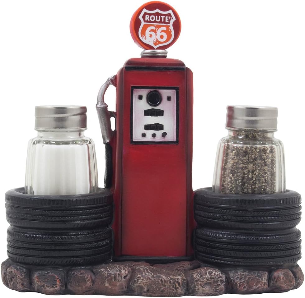 Vintage Gas Station Filling Pump Salt and Pepper Shaker Set with Decorative Car Tires & Route 66 Sign for