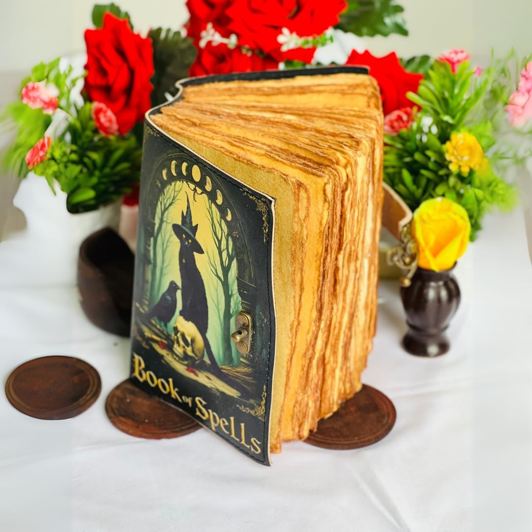 Book of Spells Goth Raven Cat Skull Leather Journal for Men & Women 400 pages With Lock, Witchcraft Supplies Books Witchy gifts for women black Grimoire Journal Spell Book For Halloween Bird dairy Cat