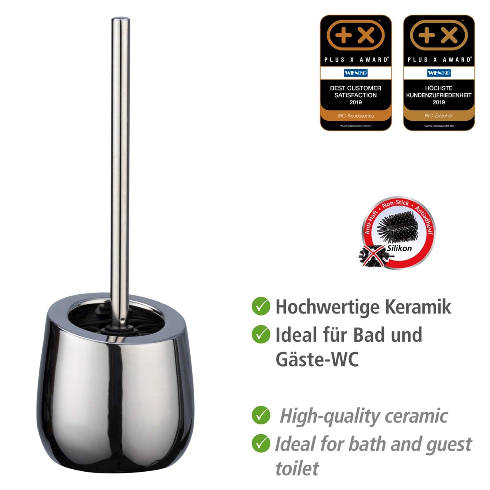WENKO Zestaw do WC Badi chrom błyszczący, wysokiej jakości ceramika z metaliczną powierzchnią, w zestawie szczotka do WC z silikonową głowicą szczotkową i powłoką zapobiegającą przywieraniu