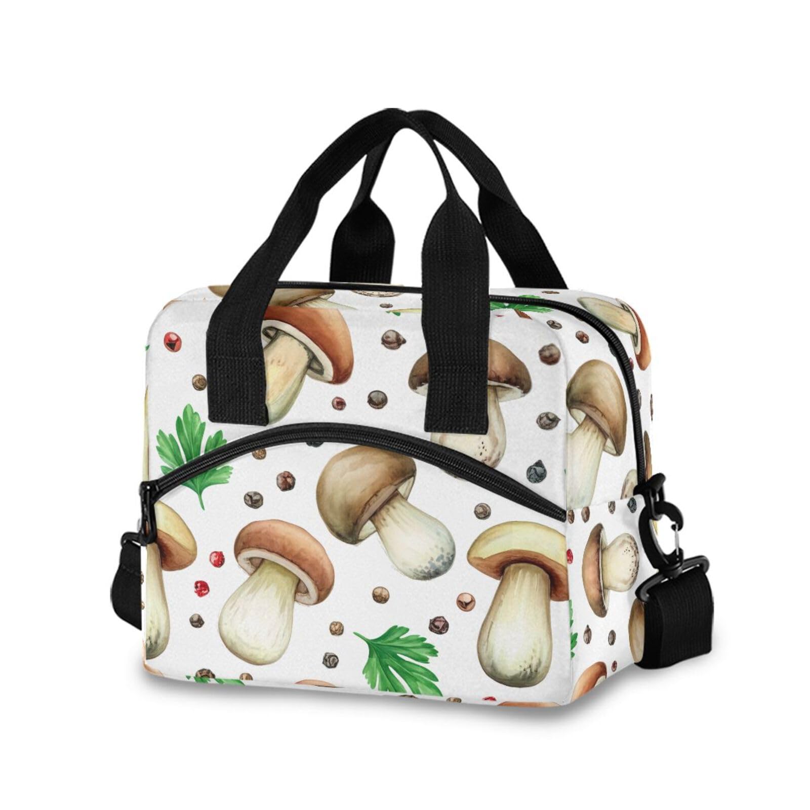 Insulated Lunch Bag Reusable Cooler Mushroom Pepper White Lunch Box Adjustable Shoulder Strap for Picnic Office School