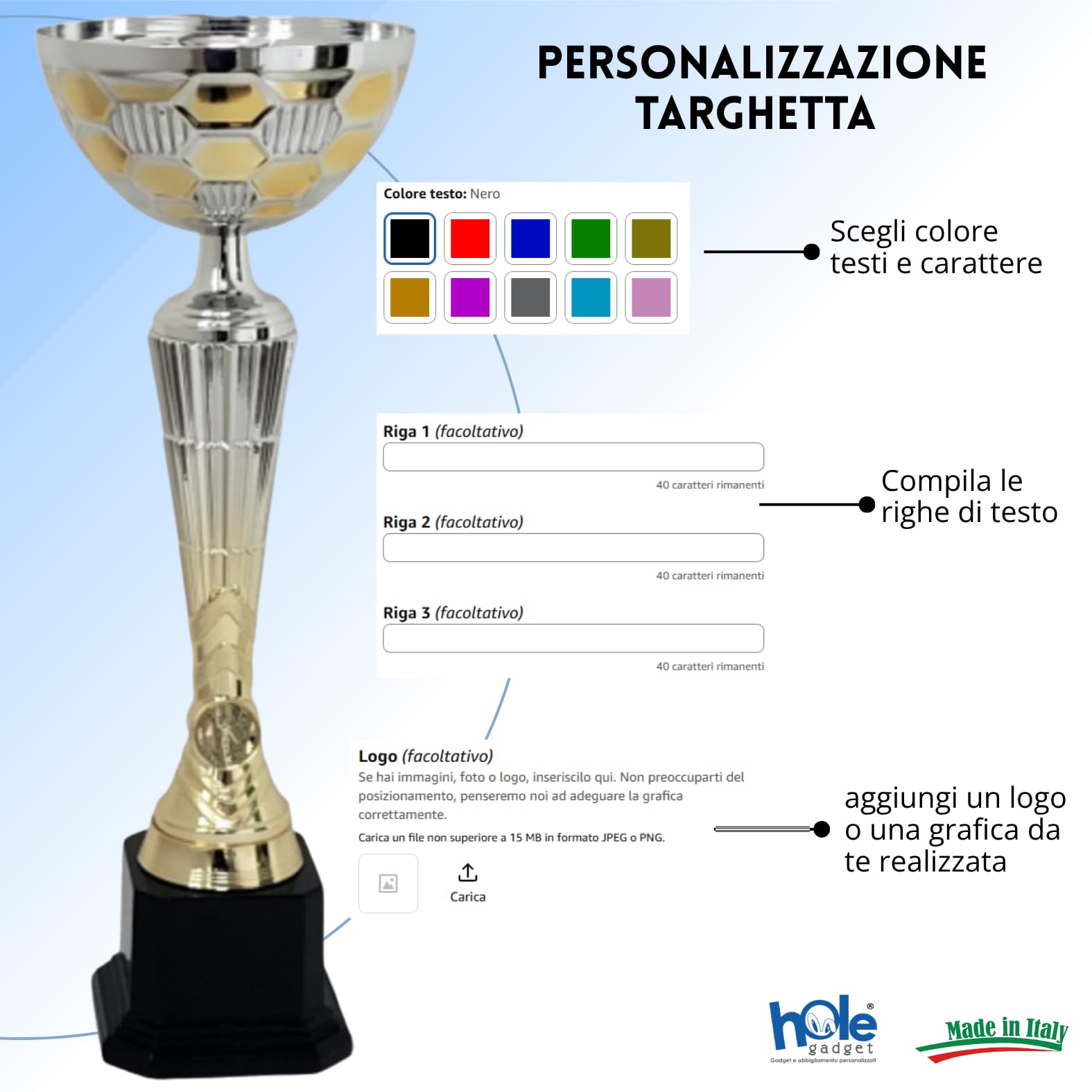 Coppa Trofeo Personalizzati, Premiazioni Singole o in Set Completi, Sportivi per Eventi, Calcio, Fantacalcio, Basket, Padel, Personalizzabile su Targhetta cod. 10.061