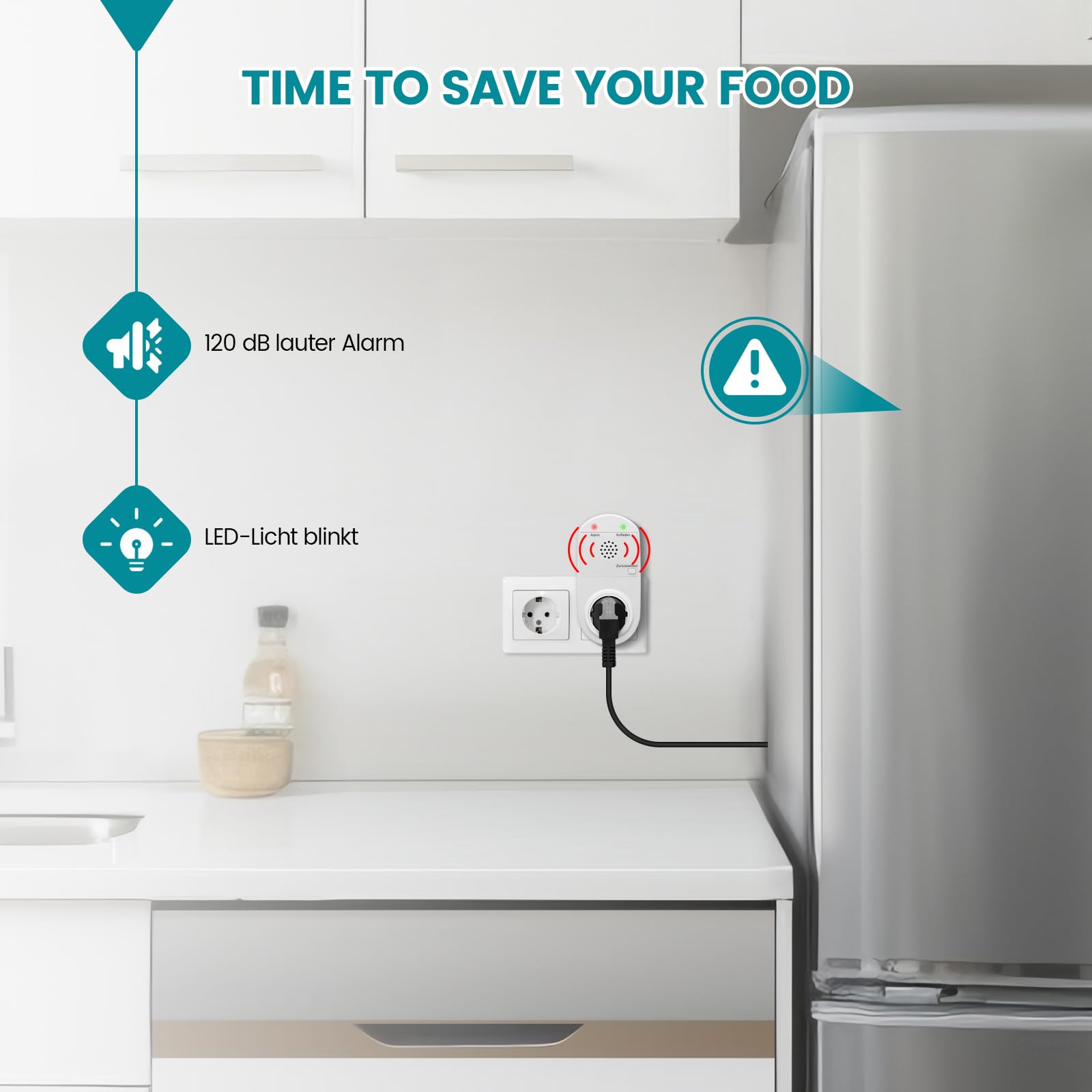 Briidea Stromausfallalarm melder mit LED Anzeige und 80 dB Sirene, betrieben mit wiederaufladbarem Akku (enthalten), ideal zur Überwachung von Kühlschränken, Gefrierschränken, Sumpfpumpen und Aquarien