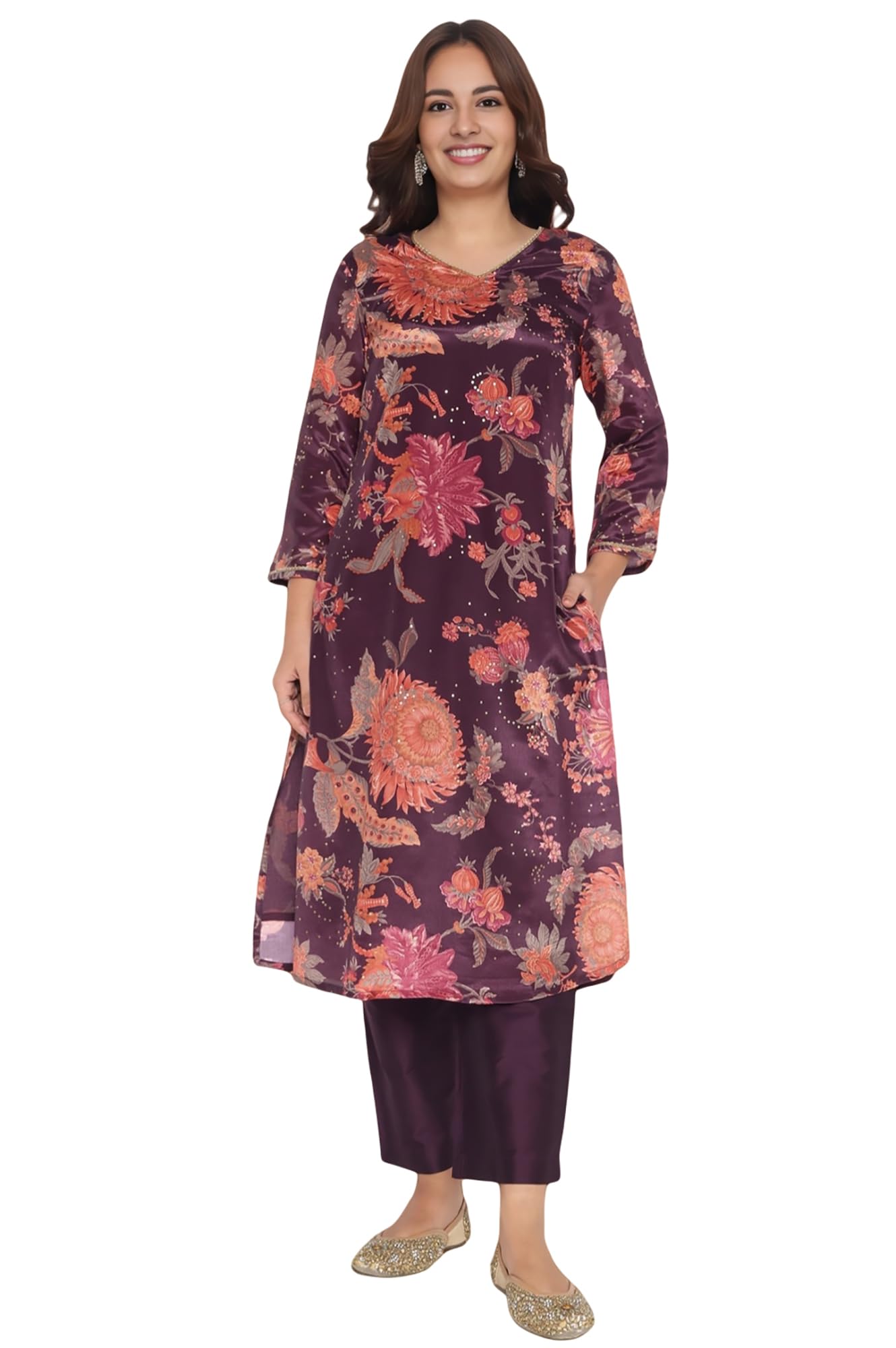 w for woman Wine Printed Chinon A-line Kurta with Embellished Neck-picture-34