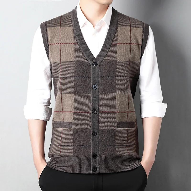 Men's V-Neck Slim Fit Sweater Vest Cardigan Plaid Single Breasted Sleeveless Knitted Waistcoat3