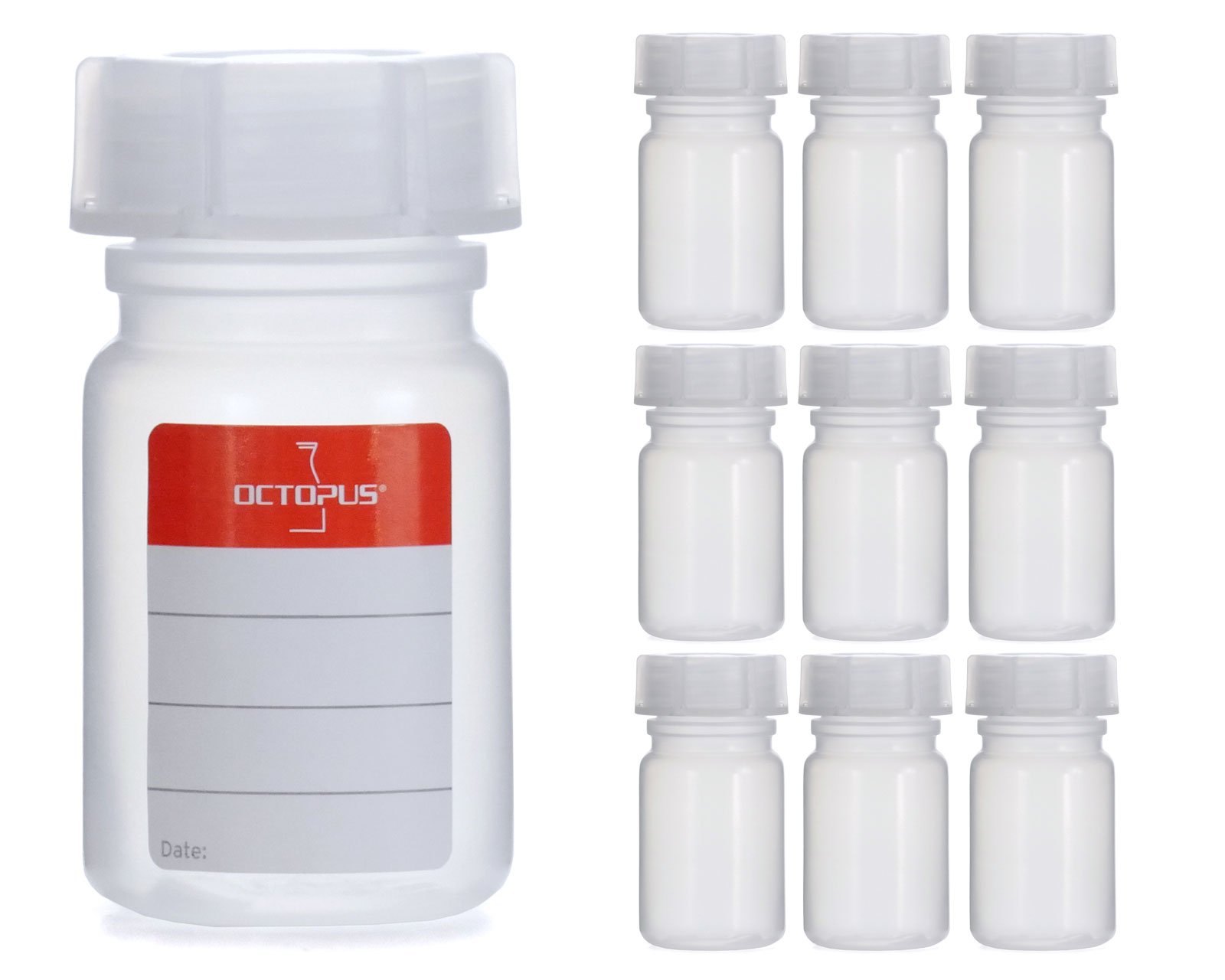Octopus 10x 50 ml LDPE Wide Neck Bottles with Screw Cap, Reusable, Airtight, Ideal for Laboratory, Kitchen, Hobby, Chemical Storage