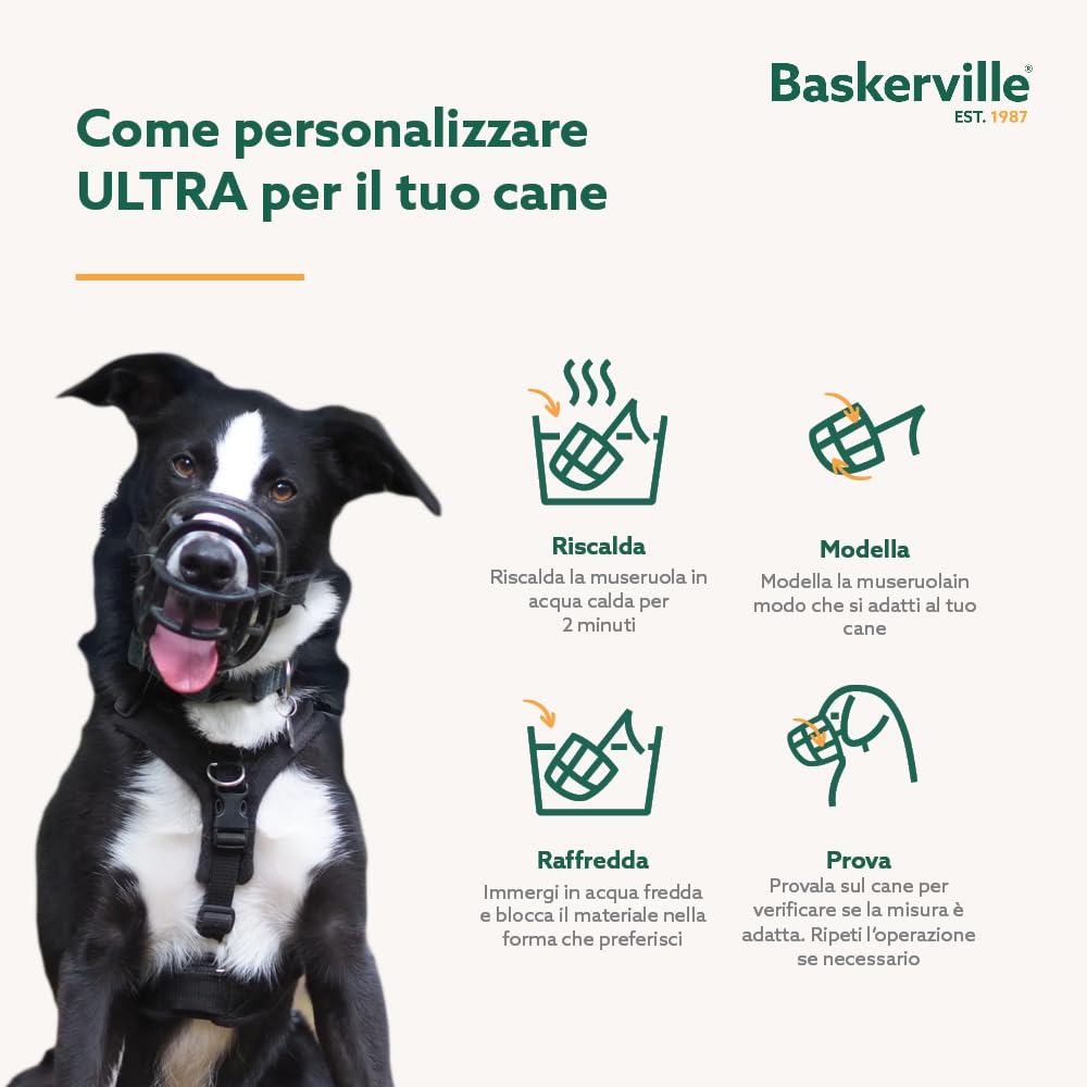 MUSERUOLA BASKERVILLE ULTRA, design etico brevettato, cane può respirare, ansimare e bere, regolabile, imbottita, addestramento cani piccoli, medi, grandi, impedisce di morsicare, rovistare (Taglia 5)