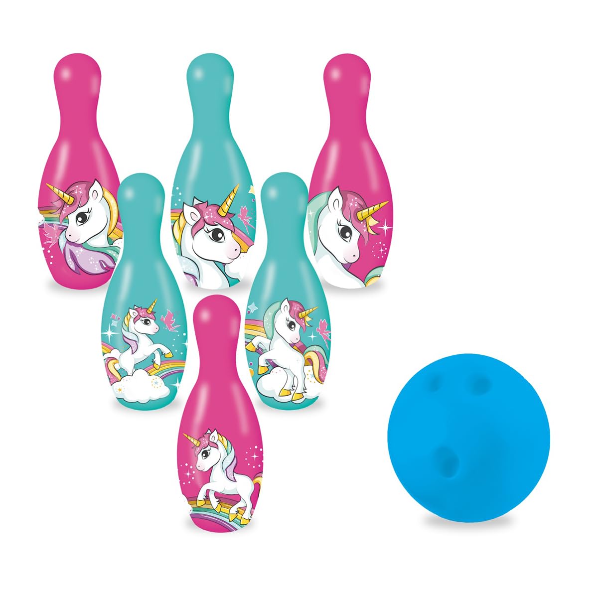 MondoToys - Unicorn Bowling Set for children - INCLUDES 1 ball and 6 Unicorn themed skittles - Sports toys - game for children 2 3 4 Years - 28526