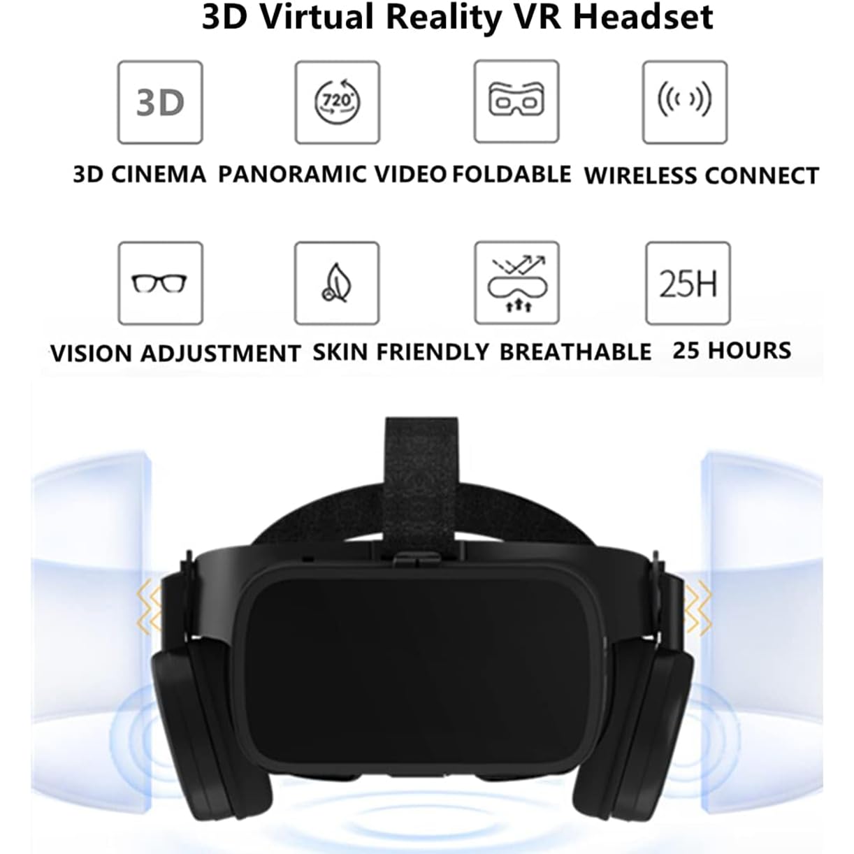 VR Occhiali Realtà Virtuale, Visore 3D con Cuffie Bluetooth di Alta Qualità, Compatibile con Smartphone iPhone e Android 4.7–6.3 Pollici, per Giochi e Film 3D, Regalo Compleanno e Natale