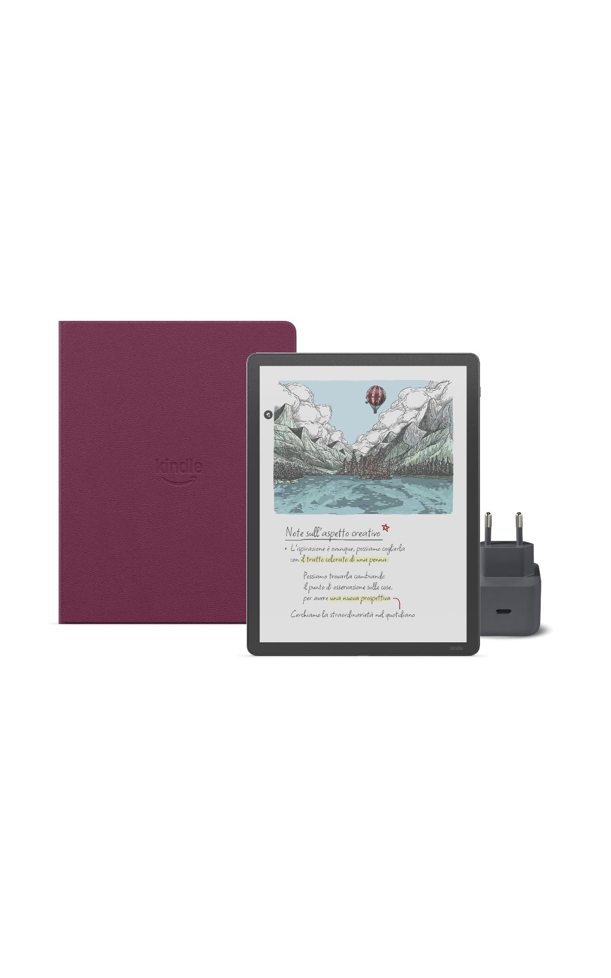 Amazon Kindle Scribe Colorsoft 32 GB (Grafite) + Penna Premium + Cover folio premium - Pelle di prima qualità (Porpora) + USB-C Caricabatterie