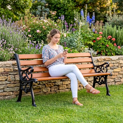 Image of BRISHI 3 Seater Cast Iron FRP Garden Bench for Indoor & Outdoor Park /Patio /Living Room /Terrace /Balcony (Black+ Wooden Texture)