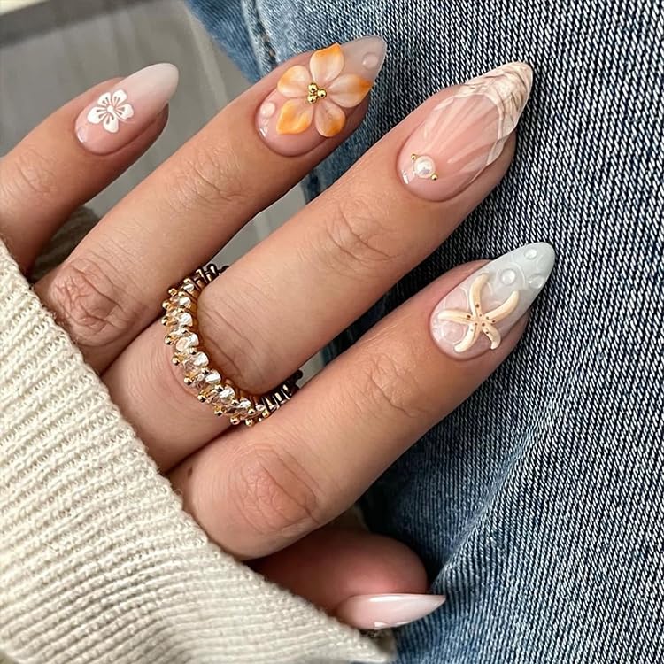 Flower Press On Nails Medium Square Gold Pearl Star Nude Pink_voghion.com