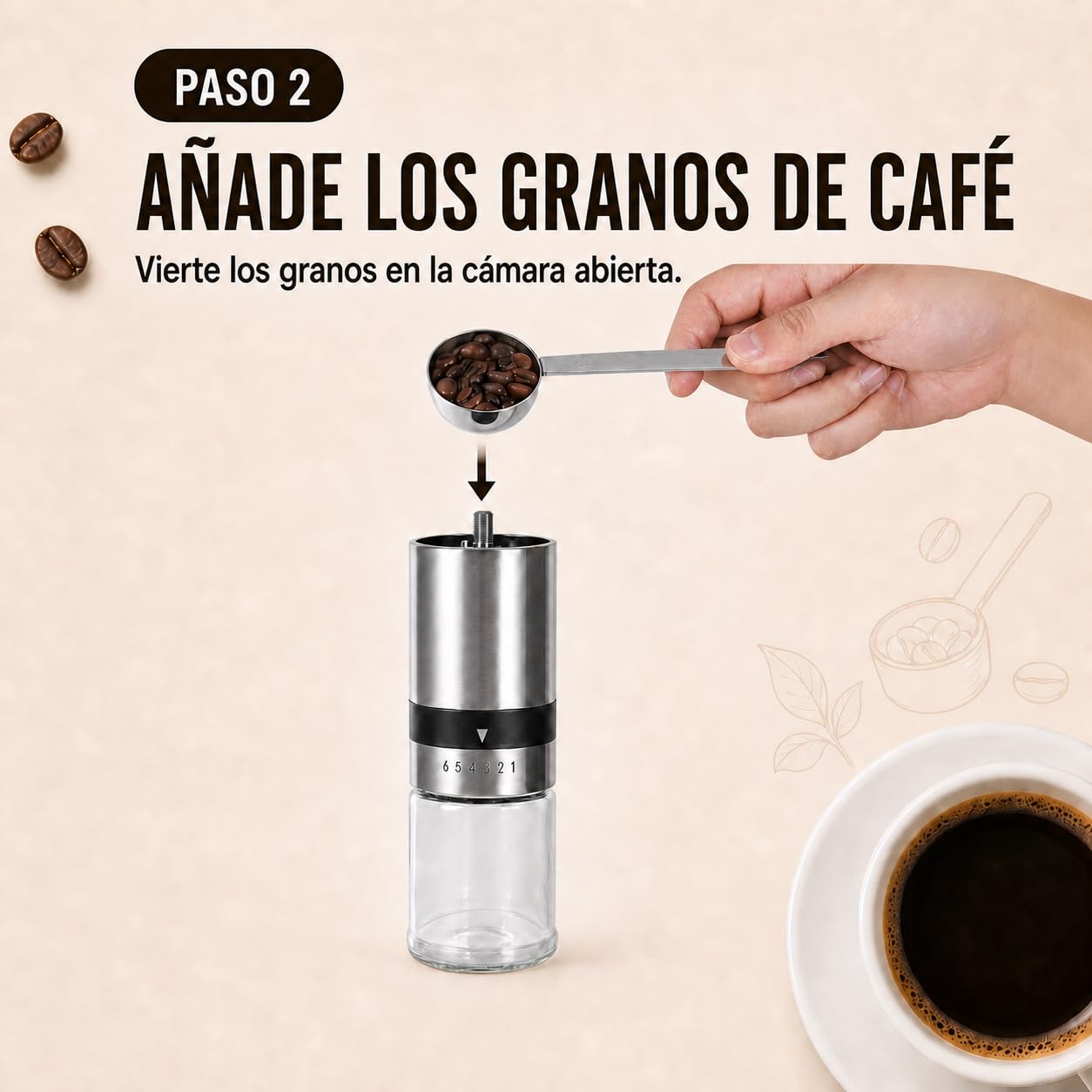Molinillo de café manual plateado con 2 recipientes de cristal | Molinillo de cerámica de acero inoxidable para café expreso, café de filtro, prensa francesa, camping