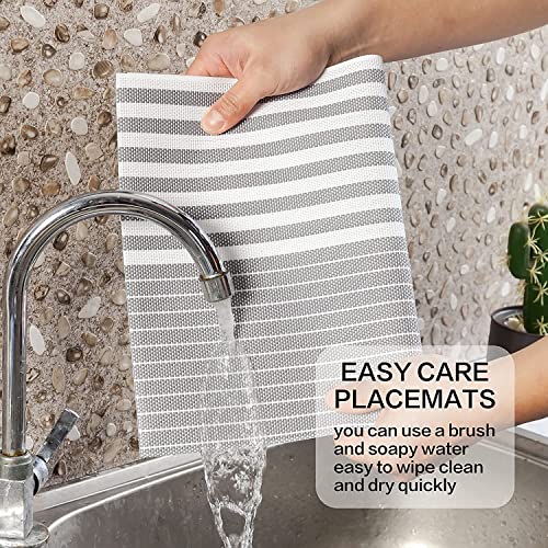 Image of YELONA Dining Table Placemats Set of 6 - Heat-Resistant, Non-Slip, Washable & Stain Resistant Woven PVC Vinyl Table Mats for Kitchen & Dining - 45 x 30 cm, PeachGrey & White
