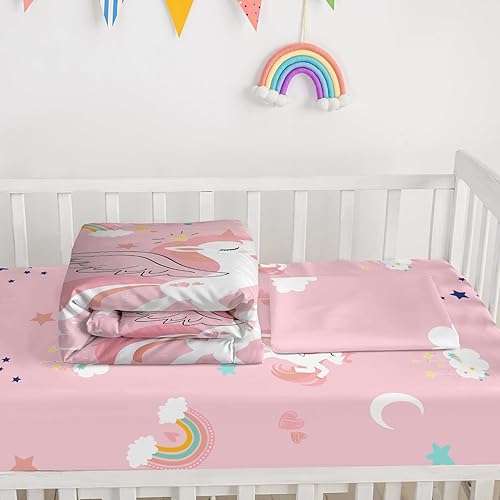 Miniatura 6 de Axolotl Juego de ropa de cama de cuna de unicornio para niñas, juegos de ropa de cama de bebé rosa de 3 piezas, edredón de cuna, sábana bajera para