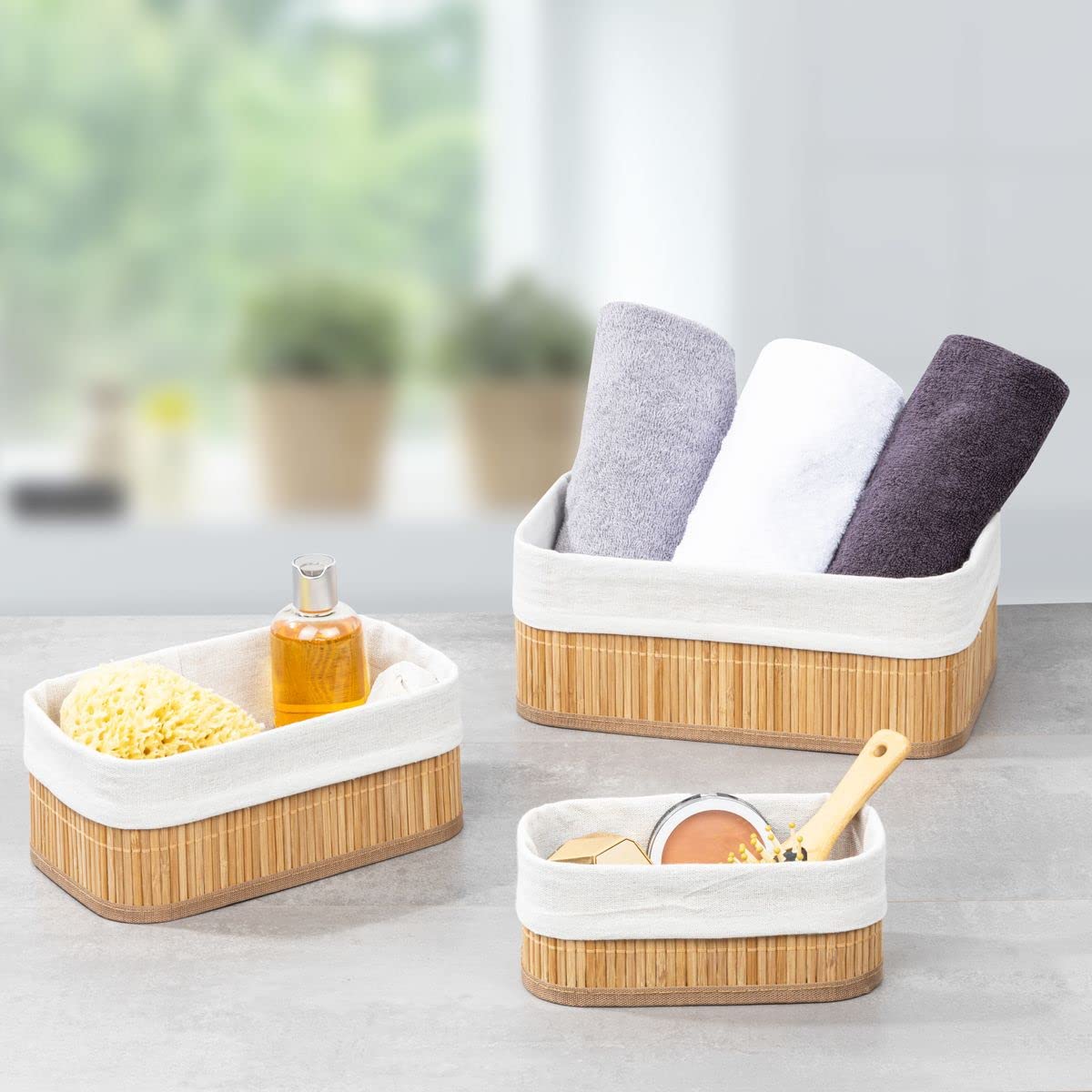 Gravidus 3er Set Bambus Aufbewahrungsboxen für Haushalt, Büro oder Bad - Organizer Kosmetik Badezimmer Aufbewahrung Natürliches zeitloses Design
