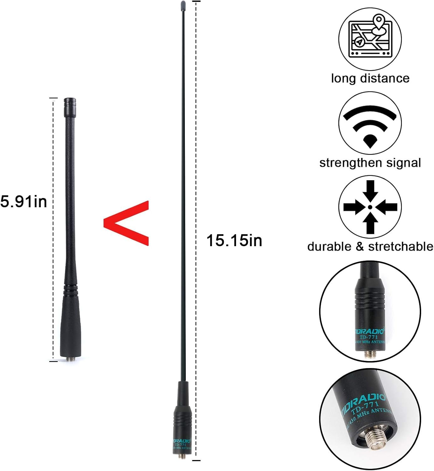 TIDRADIO AirBand Antenne et bande de police (lot de 2, UHF/VHF-120/300 MHz), antenne radio jambon pour BAOFENG UV-5RM, UV-5R mini, UV-5RH, GT-5R, Radtel RT-470X, TD-H3, TD-H8, TD-H3 Plus Talkie Walkie