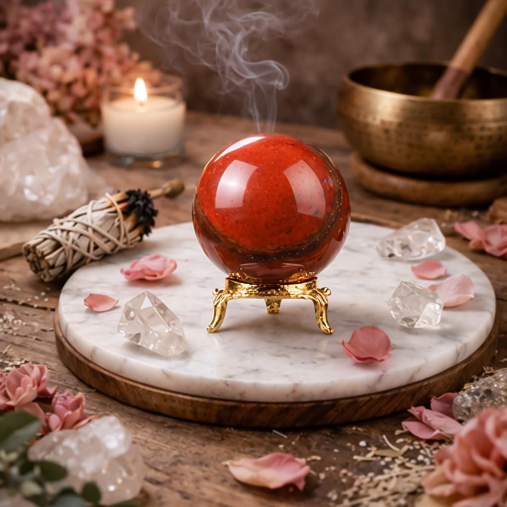Crocon Sfera di cristallo di diaspro rosso con sfera di pietre preziose con supporto Sfera curativa Scultura Figurina per Fengshui Divinazione Decorazione per la casa Fotografia Dimensioni: 50-60mm