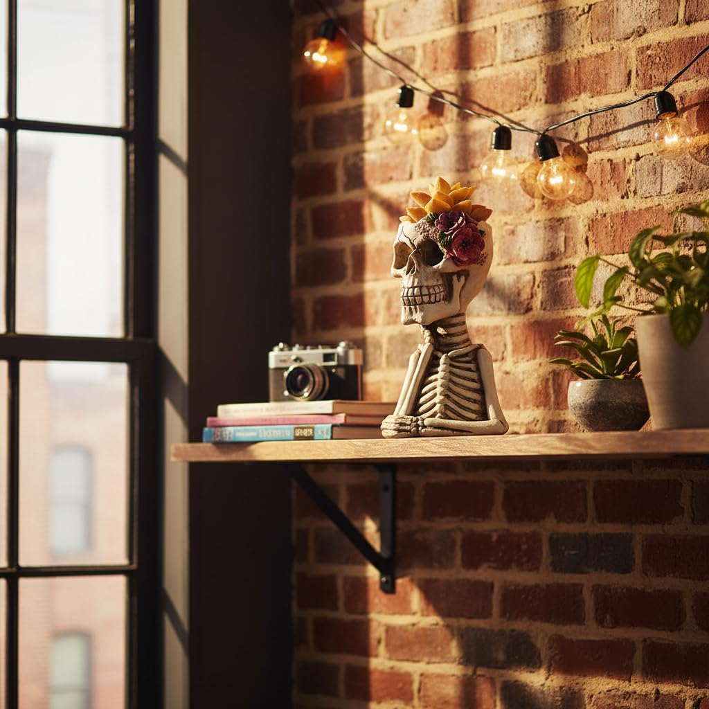 Skull Fake Plants Statue Decorations, Planter Pots with Artificial Succulents, Faux Indoor Plants for Home Decor, Desk Ornament, Handmade Resin Skeleton Statue, Unique for Women
