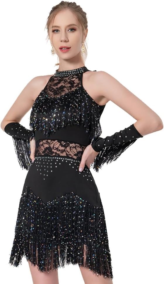 Women's Dance Dress Rhinestone Sequin Fringe Flapper Party Dress Latin Salsa Ballroom Dancing Performance Tassel Dress