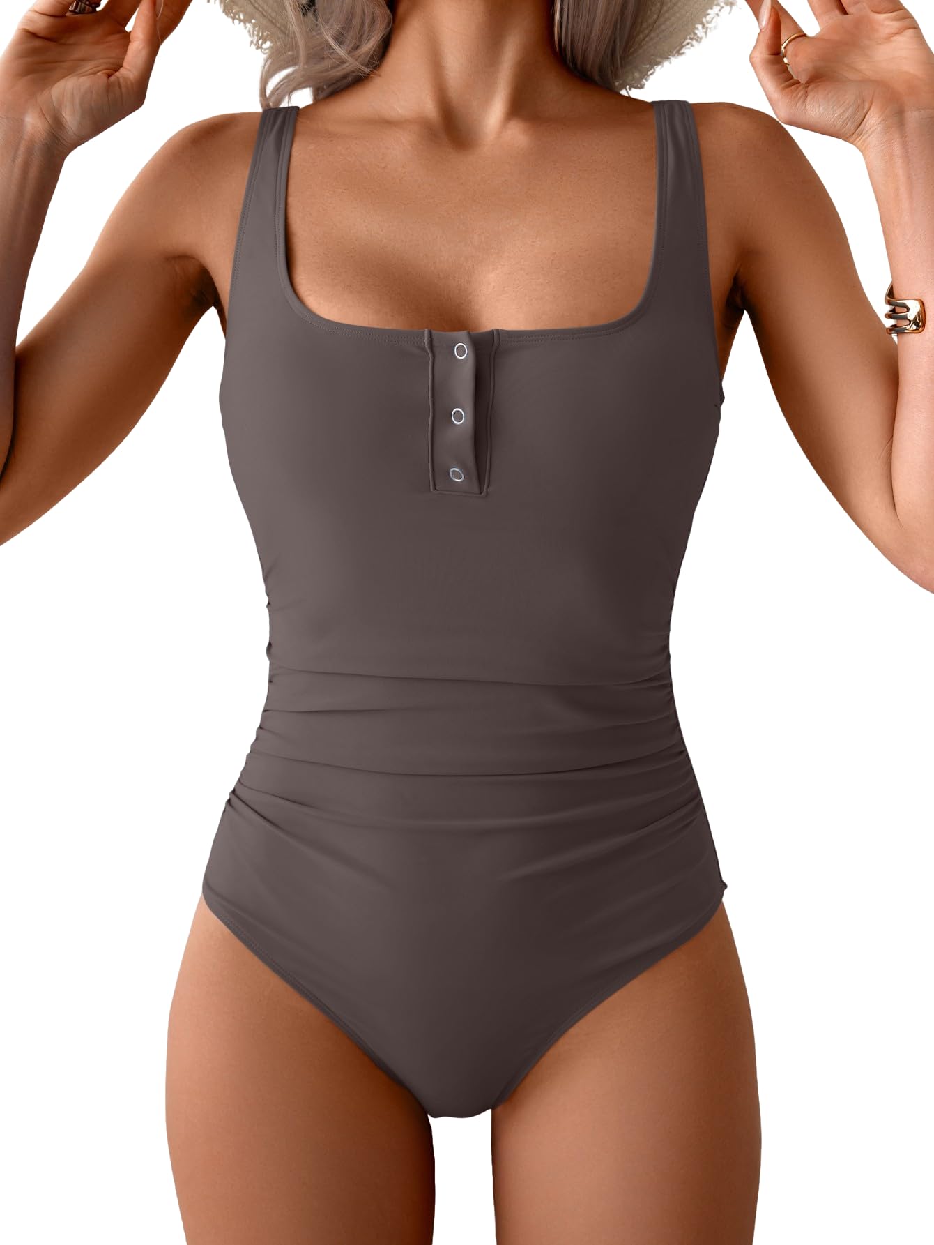 B2prity One Piece Swimsuit for Women Tummy Control Ruched Slimming Bathing Suit Button Full Coverage Swimwear