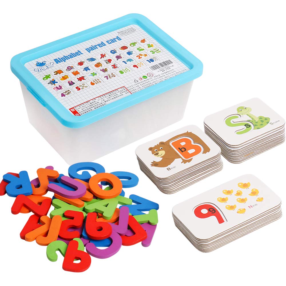 Alphabet Number Flash Cards ABC Wooden Letter Puzzle Animal Counting Board Sight Words Matching Games Preschool Learning Educational Montessori Toys Gift for Toddlers Kids 3+ Years Old