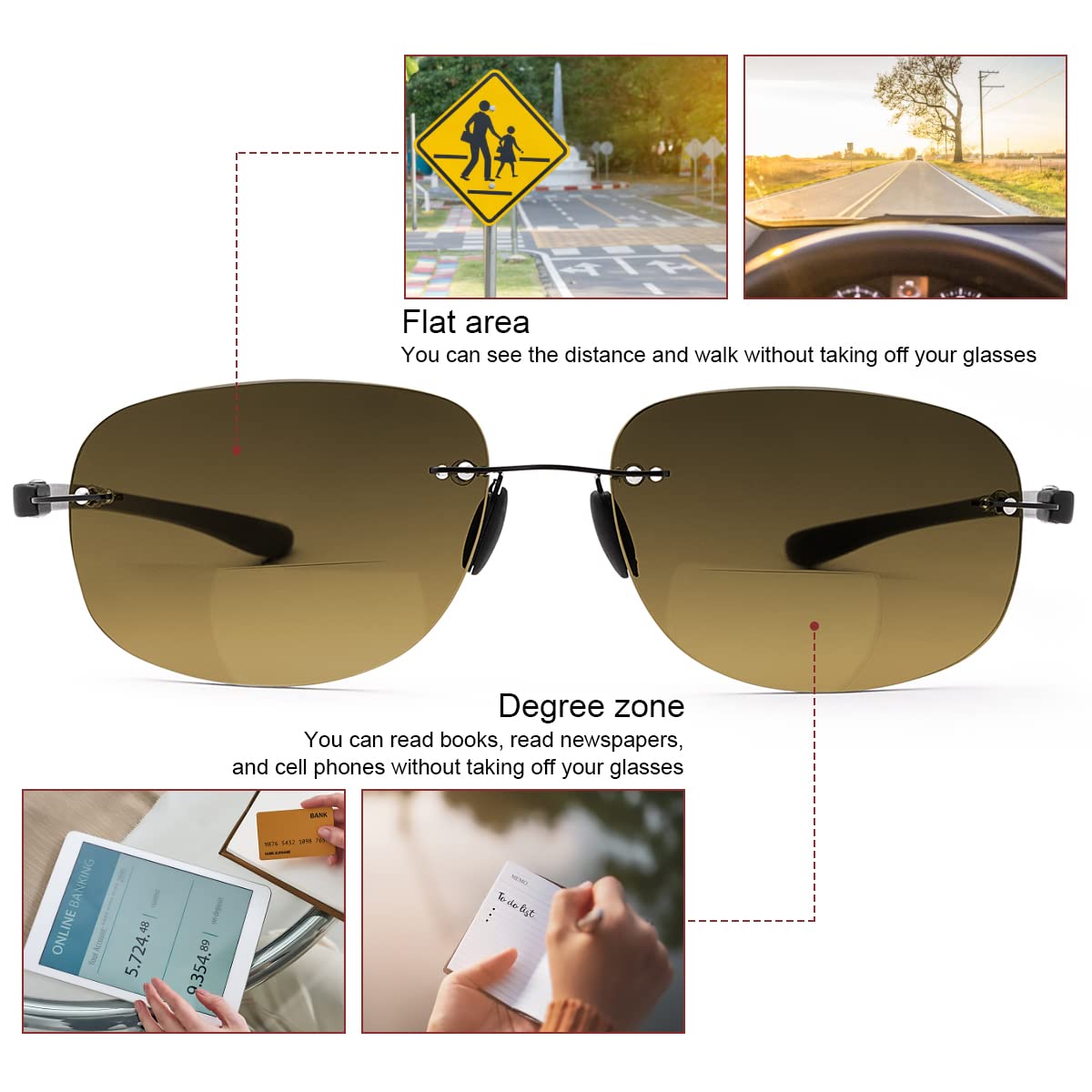 Unisex Rimless Bifocal Sun Readers Reading Glasses UV400 Protection Sport Sunglasses Blue Light Blocking Lightweight Eyewear for Men and Women Outdoor Driving Safety Eyeglasses Tinted Lens Shades - Image 4