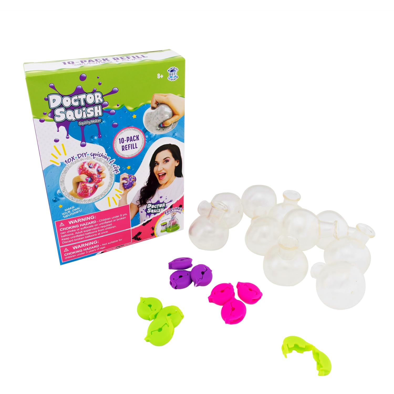 Doctor Squish Squishy Pack Refill | with 10 TPR Balloons, 10 Reusable Clips, Sparkles & Slime Powder | Make Your Own Squishies with Your Squishy Maker | 1 Pack