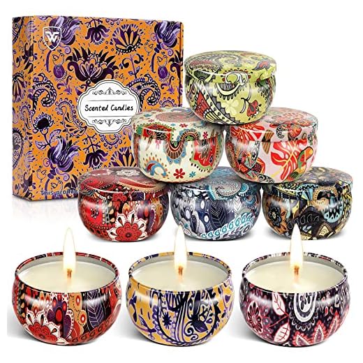 WONSEFOO Juego de 9 velas perfumadas para mujer, juego de 9 piezas, cera de soja real, lata de viaje portátil, regalo de cumpleaños, aniversario, regalo del día de la madre A-9PS