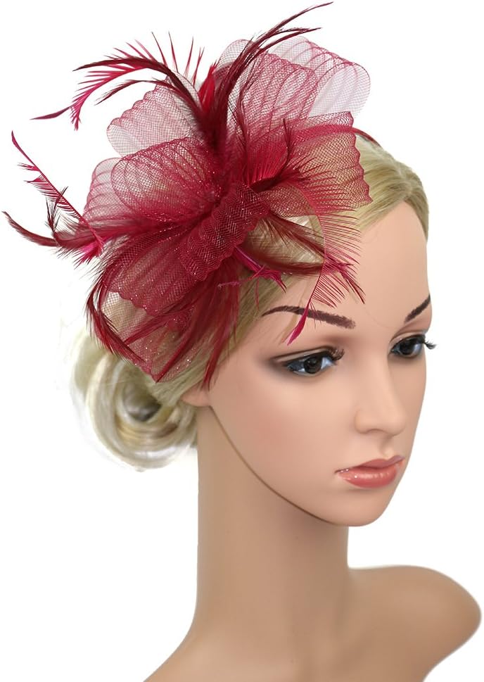 LATIMOON Fascinators Hat Flower Mesh Ribbons Wedding Party Hats Feather Veil Headwear for Women-Wine Red