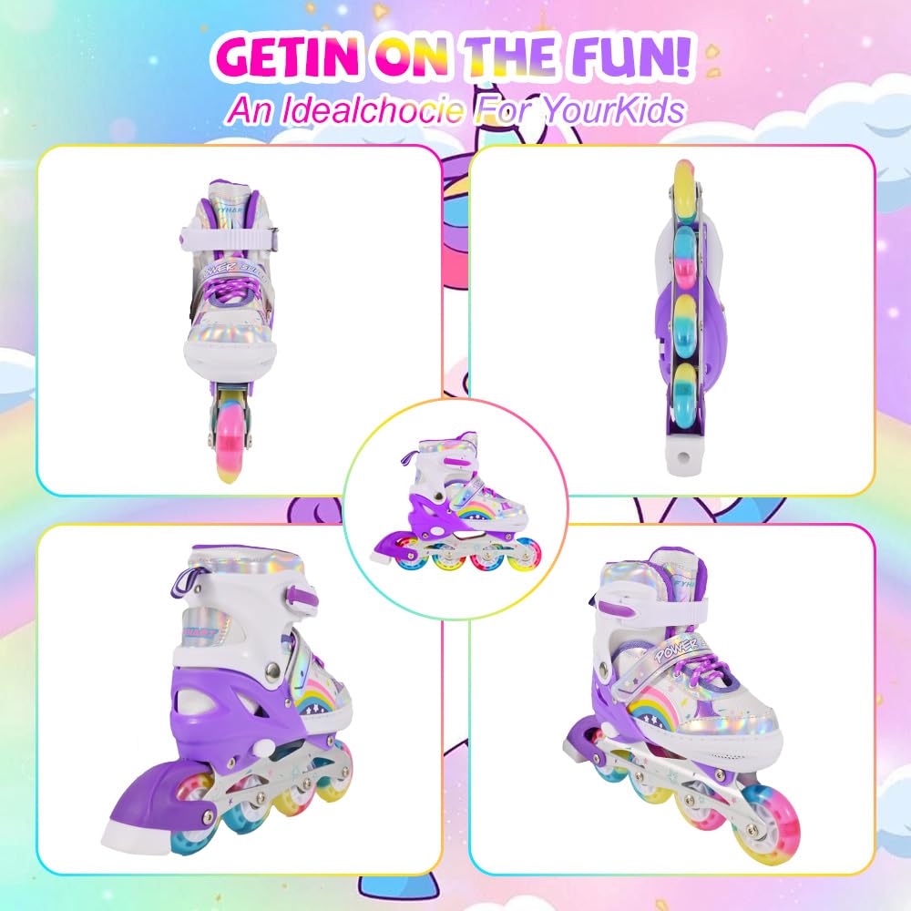 Patins à roulettes en Ligne Réglables pour Enfants Filles Garçons Débutants, Patins à Roues en Ligne pour Enfants et Adolescents pour Intérieur Extérieur Sport Violet Arc-en-Ciel