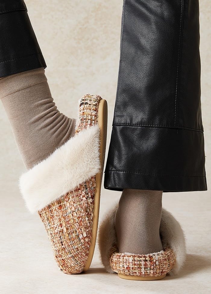 Winter Fuzzy House Slippers Sandals Faux Fur Flats Slippers Warm Plaid Slide Shoes for Women Men3