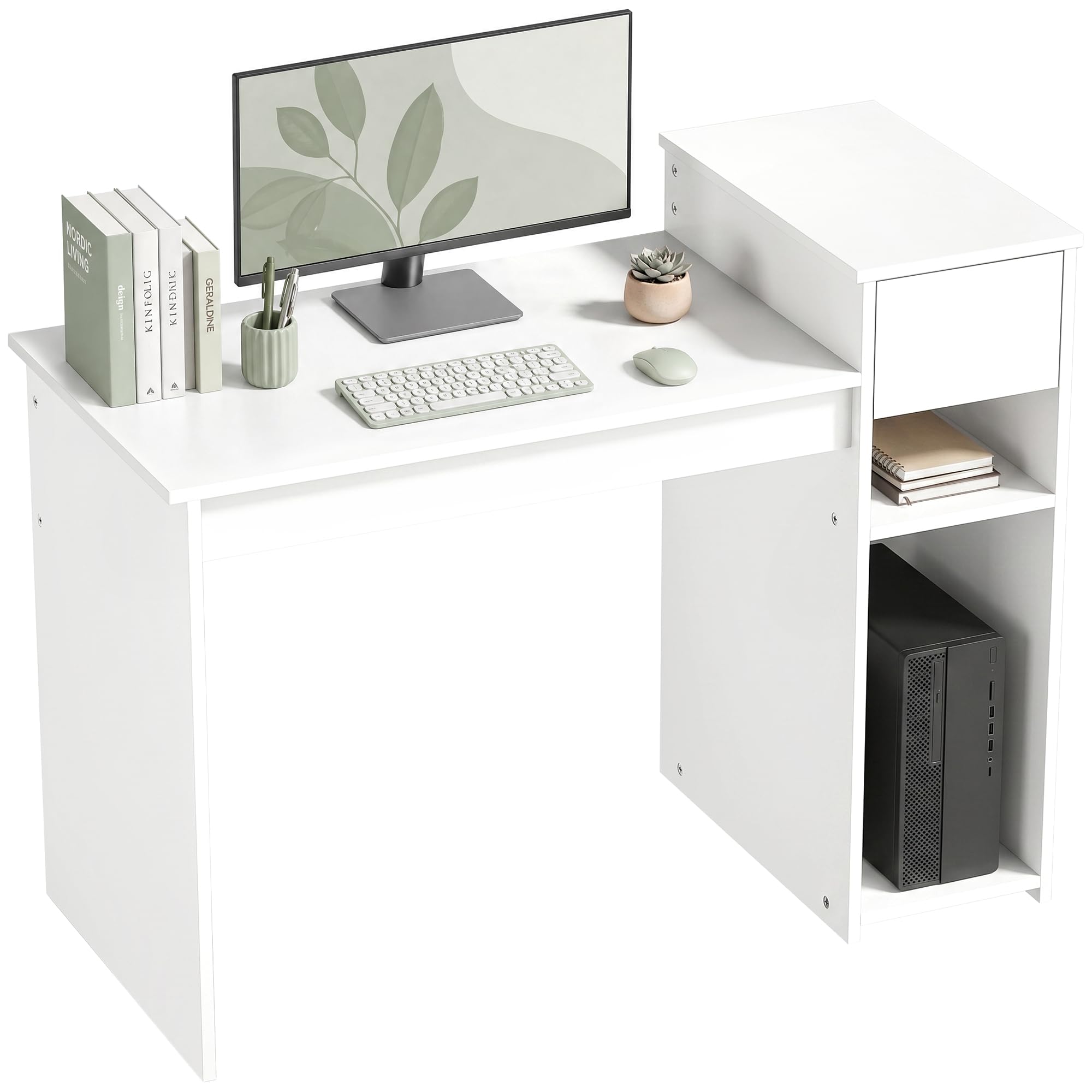 HOMCOM Scrivania Salvaspazio Moderna con Cassetto e Spazio per PC Tower, Scrivania con Scaffale in Legno, Tavolo Porta PC per Computer, per Ufficio, Studio e Camera da Letto, 108x50x82cm, Bianco