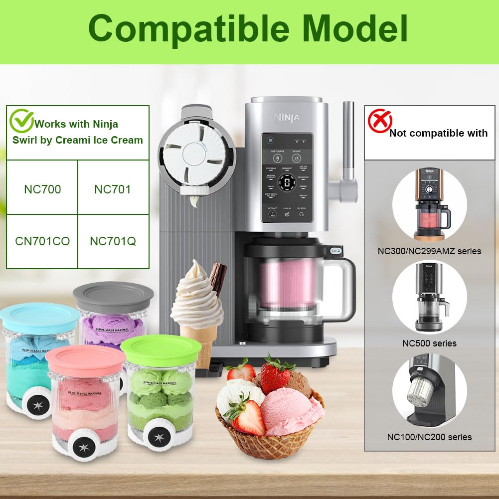 4 Piezas Recipientes para Pintas y Tapa Ninja Creami Swirl Compatibles con NC700 NC701EU Ninja Creami Swirl Pints, Recipientes de 16 oz, Sin BPA y Aptos para Lavavajillas (Gris/Rosa/Azul/Verde)
