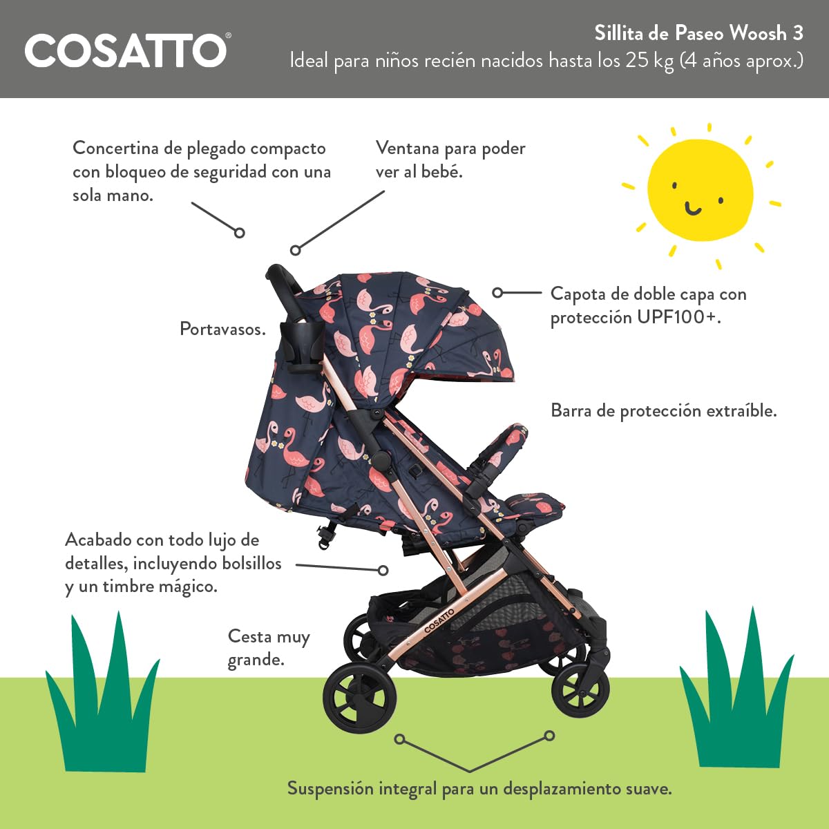 Cosatto Woosh 3 Silla de Paseo en el Estampado Unicorn Garden, Apta Desde el Nacimiento Hasta Los 25 kg, Fácil de Legar, Compacta, Cesta Amplia, Portavasos y Protector de Lluvia