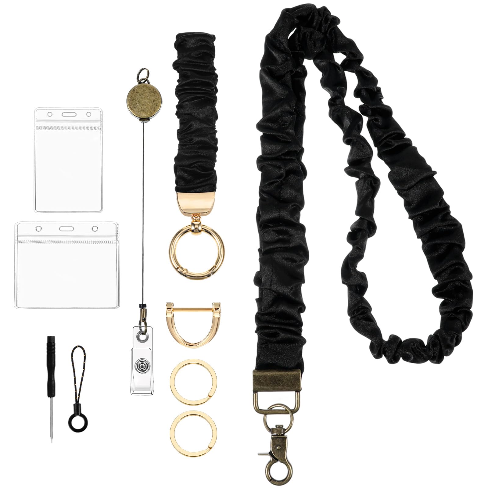 Stretchy Scrunchie Lanyard and Scrunchie Keychain Wristlet for Women, Neck Lanyard for Id Badges & Keys, Stretchy Key Chain Wristlet with D Ring for Teacher, Nurse, Doctor, Office Worker (Black)