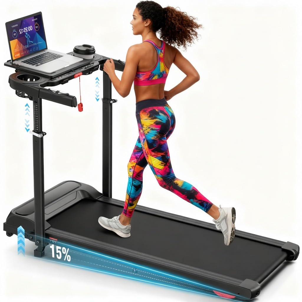 ANCHEER 15% Incline Walking Pad Treadmill with Desk Workstation & Adjustable Height, Portable Treadmills for Home 450 lbs Weight Capacity, 3.5HP Quiet Walking Pad with Desk, Installation in 4 Steps Charcoal