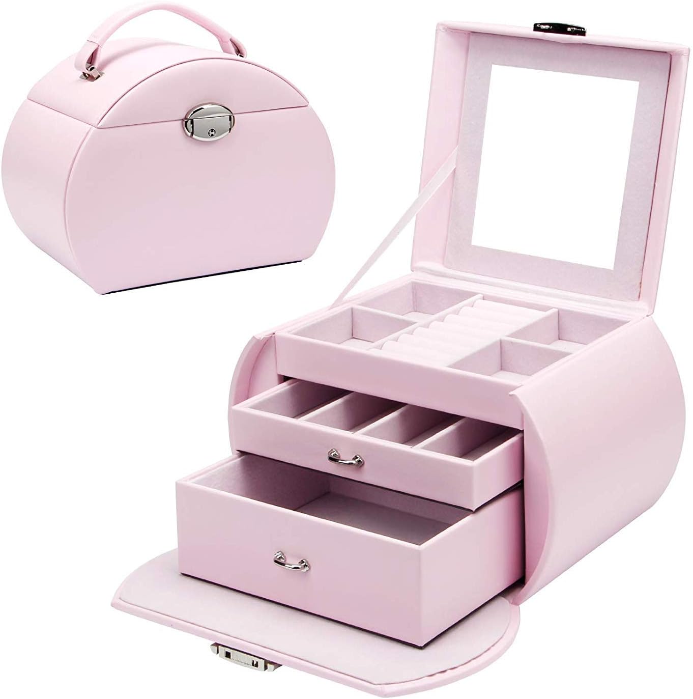 LHZTZKA 3 Tier Lockable Mirror Jewellery Box - Seelux Series Jewellery Box for Necklaces, Watches, Rings, Bracelets, Earrings - Pink