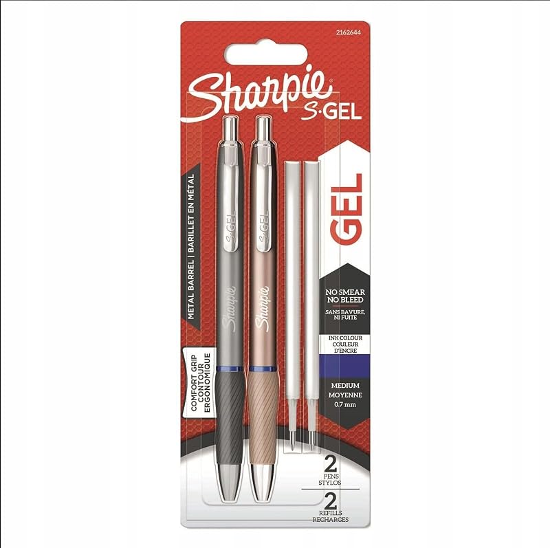 Sharpie S-Gel | Bolígrafos de gel metálicos | Punta media (0,7 mm) | Gris acero y oro rosa | tinta azul | 2 bolígrafos y 2 recambios