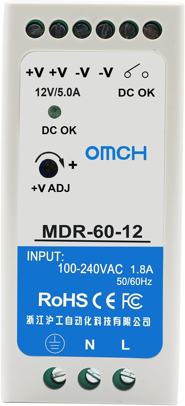 12V 5A 60W Ultra-Slim DIN Rail Switching Power Supply, 100-240V AC to 12V DC SMPS, Industrial Grade Compact Power Transformer for CCTV, Access Control, LED Strips & Automation Cabinets